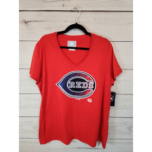 Majestic Women's Red Cincinnati Reds V-Neck Short Sleeve‎ Tee Shirt Size XL NWT - Picture 1 of 6